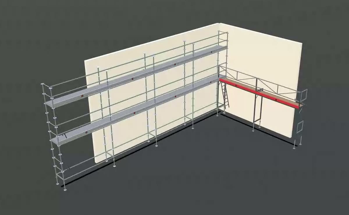 The ScaFix editor: the gable in the 3D model gets an extra lift, the scaffold is taken off one section, and the facade gets roof-edge protection