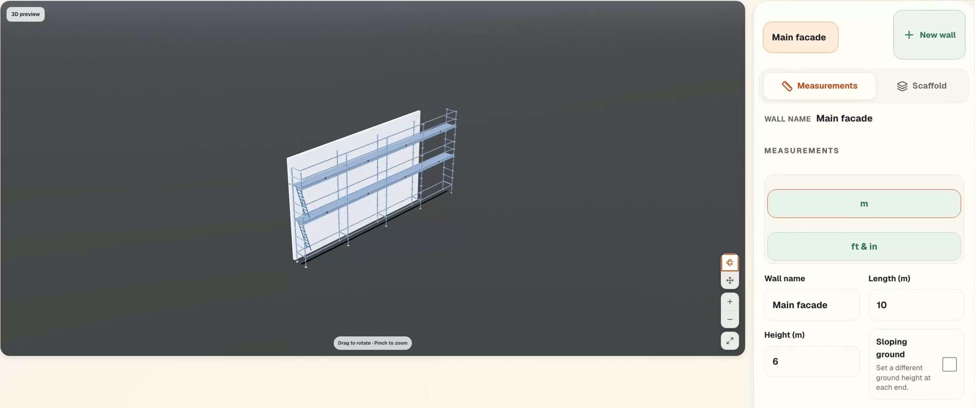 The ScaFix editor: a 3D scaffold model beside the wall panel with length and height