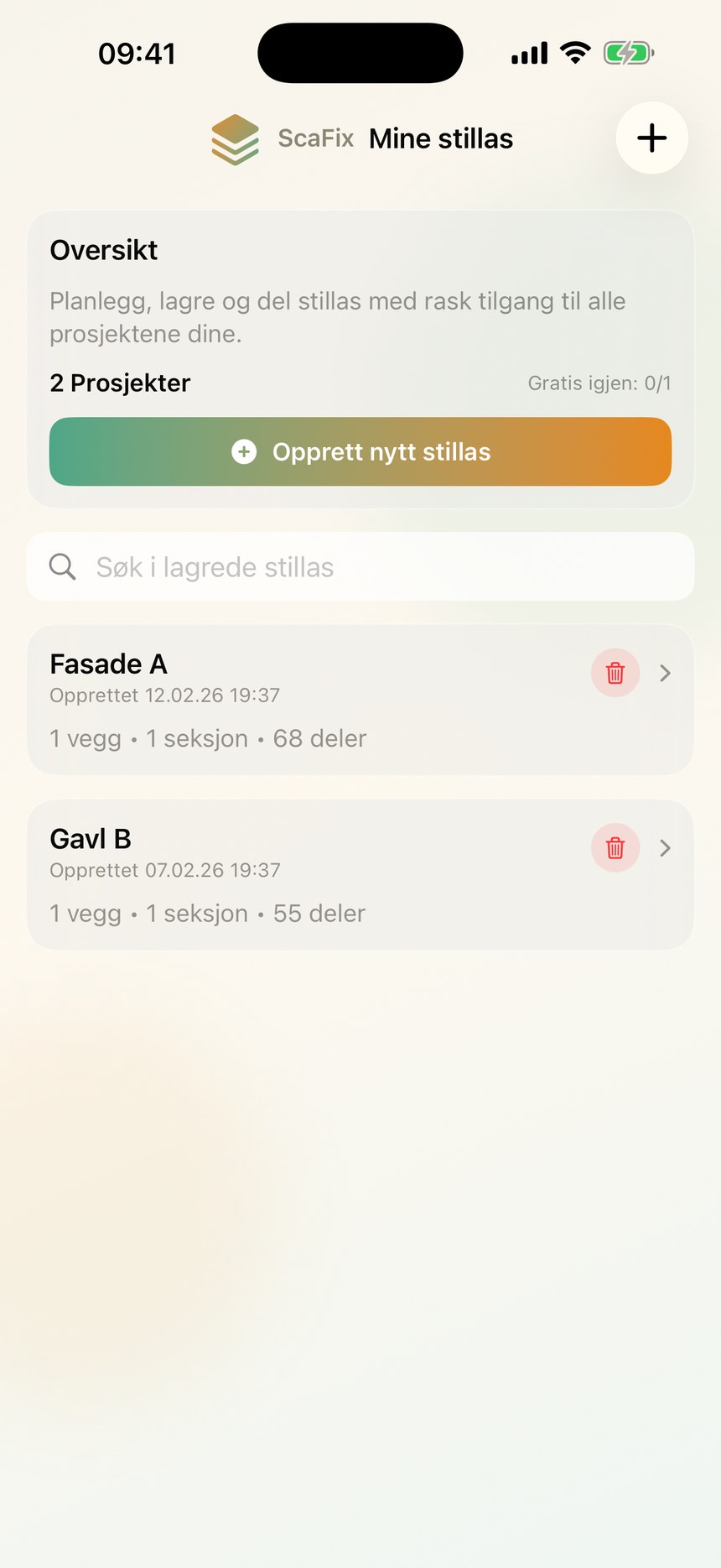 Skjermbilde: Prosjekter