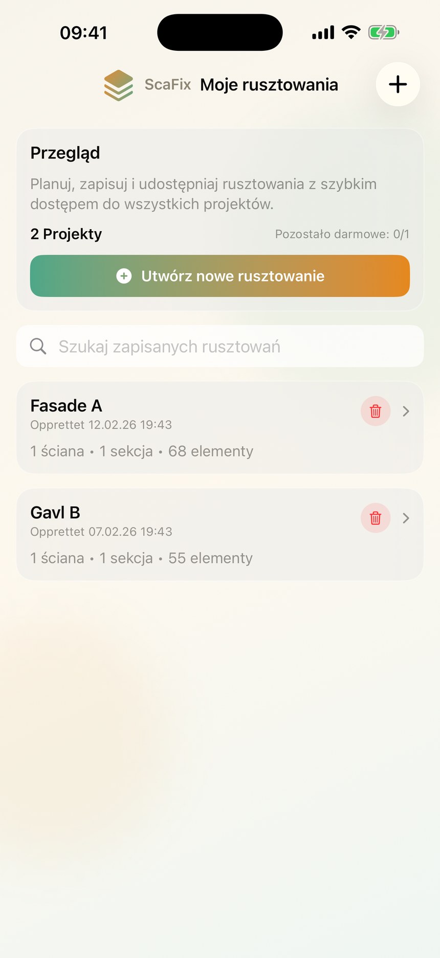 Zrzut ekranu: Projekty