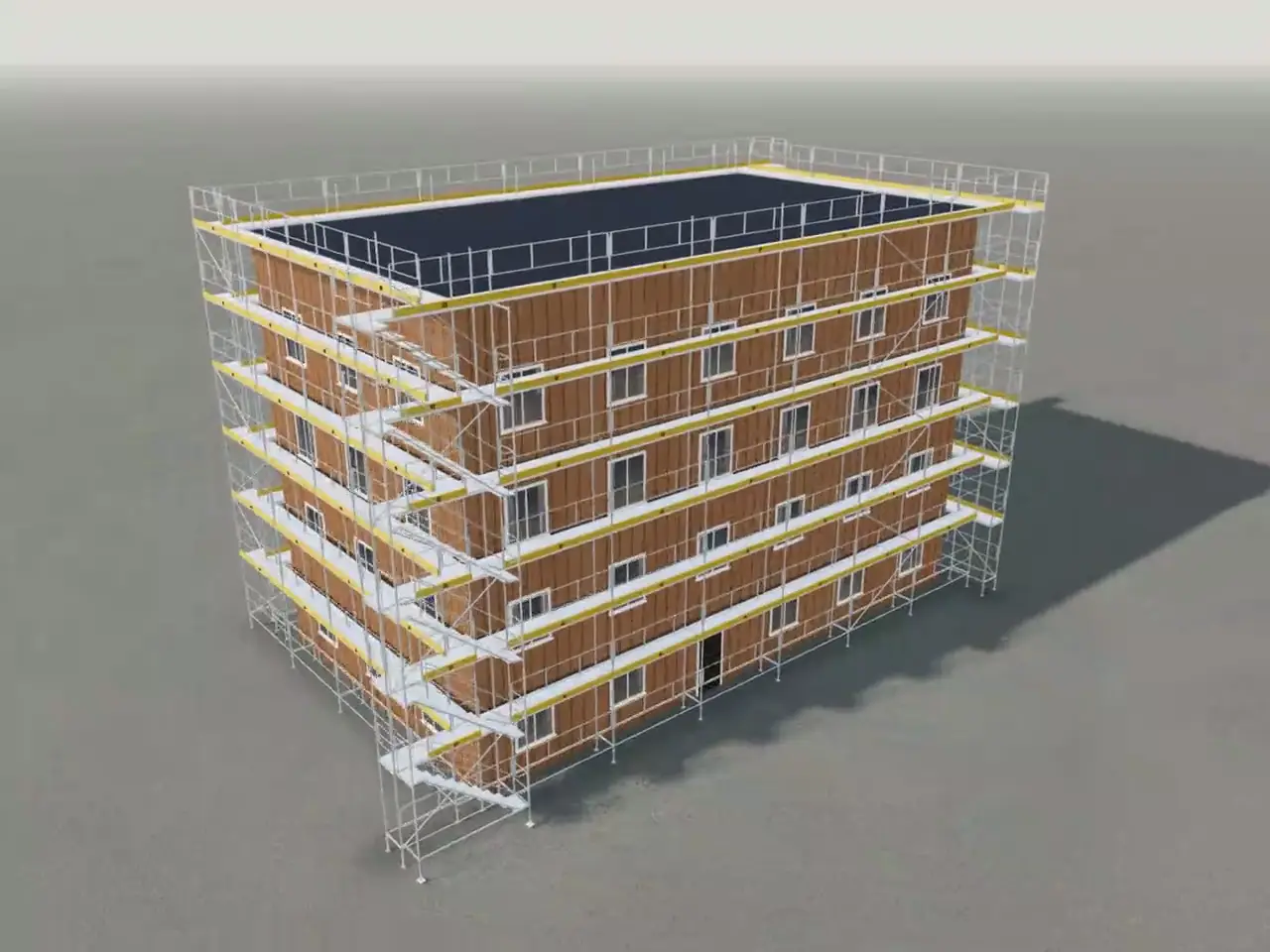 Woonblok met steiger rond het hele gebouw en een trappentoren, gerenderd in ScaFix