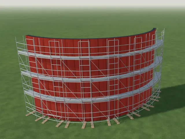 Curved facade with scaffolding in an arc