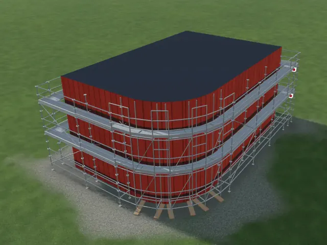 Building with rounded corners and scaffolding that follows the curve
