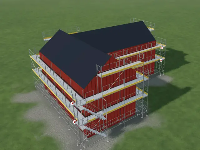 L-shaped house with scaffolding round both wings