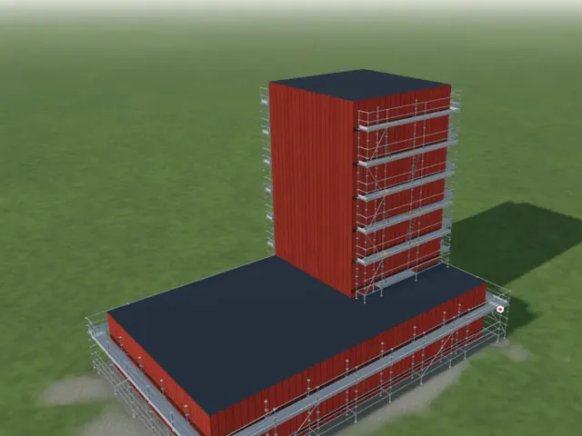 Low building with a tower, scaffolding on the deck and round the tower