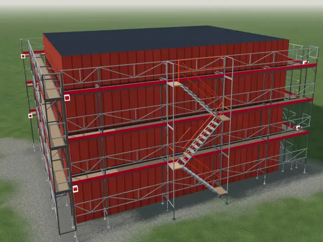 House with scaffolding and a stair tower from the maker's stair kit