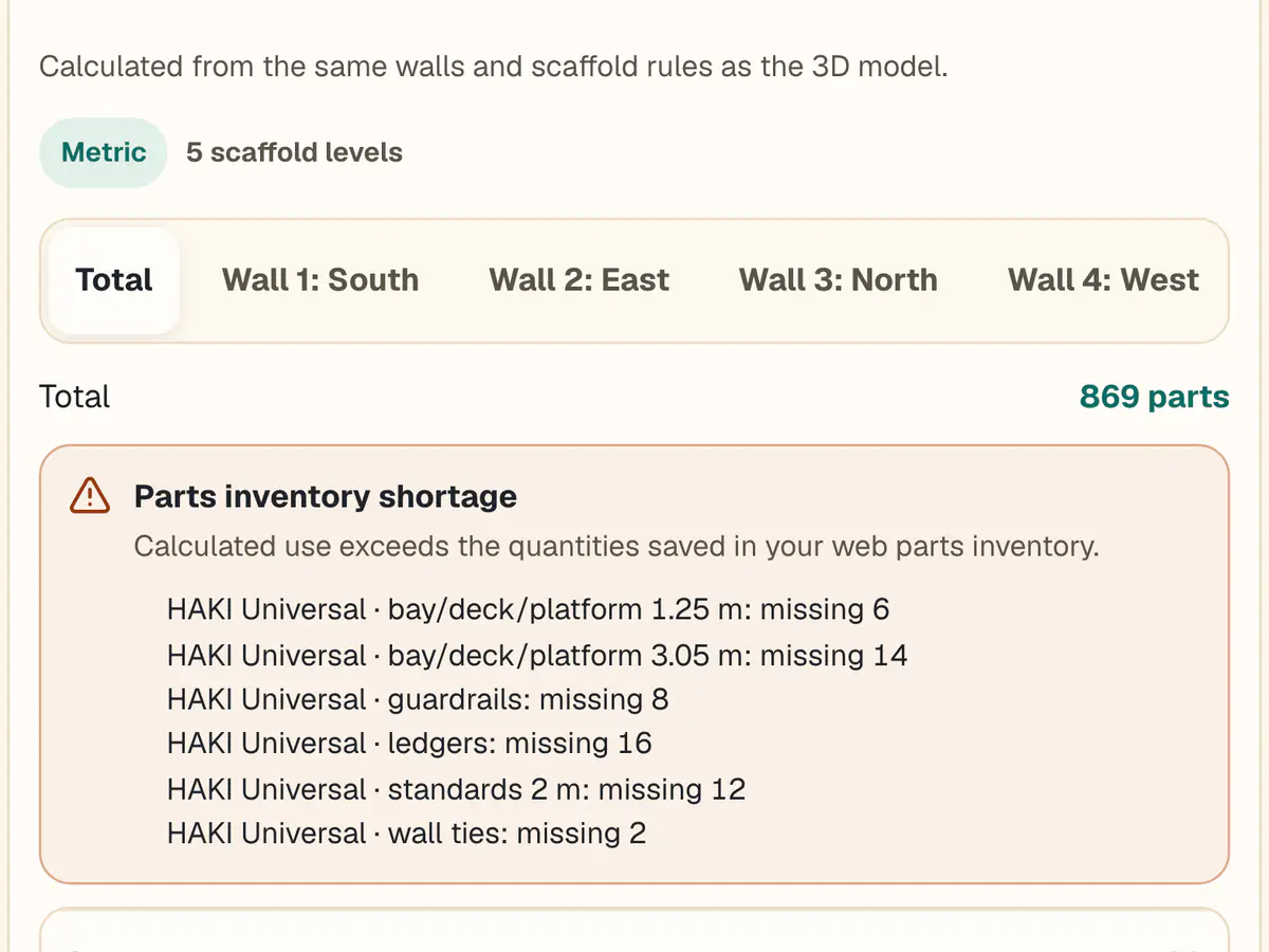 Parts inventory: what is missing before loading, for the example house