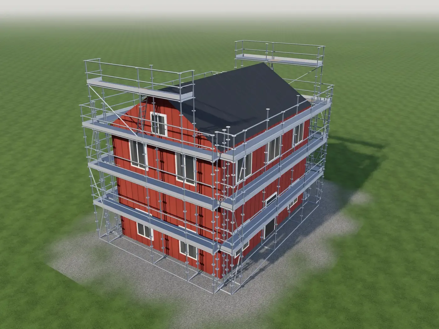 De steiger rond een huis in 3D, met de getelde onderdelenlijst