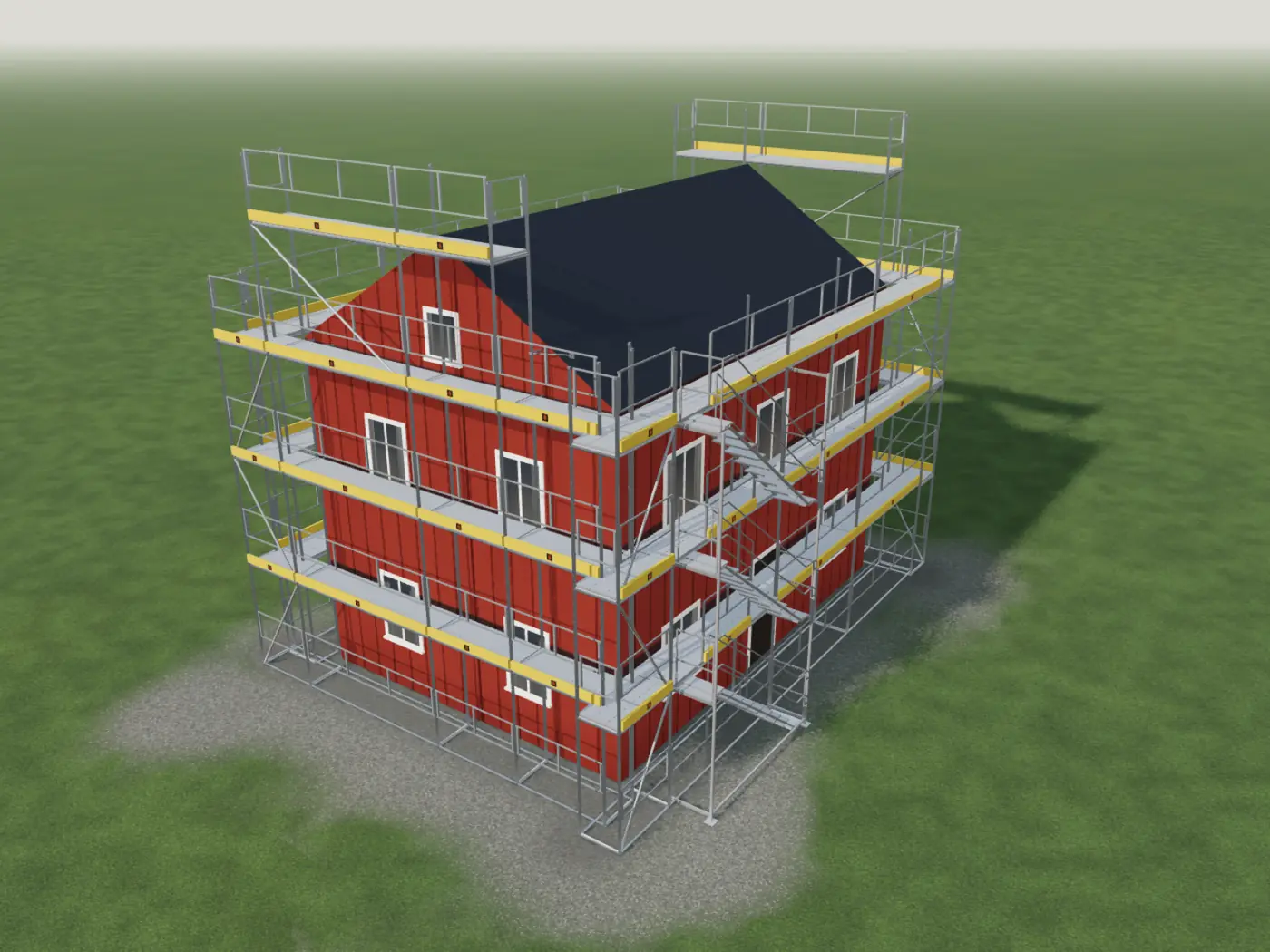 De steiger rond een huis in 3D, met de getelde onderdelenlijst