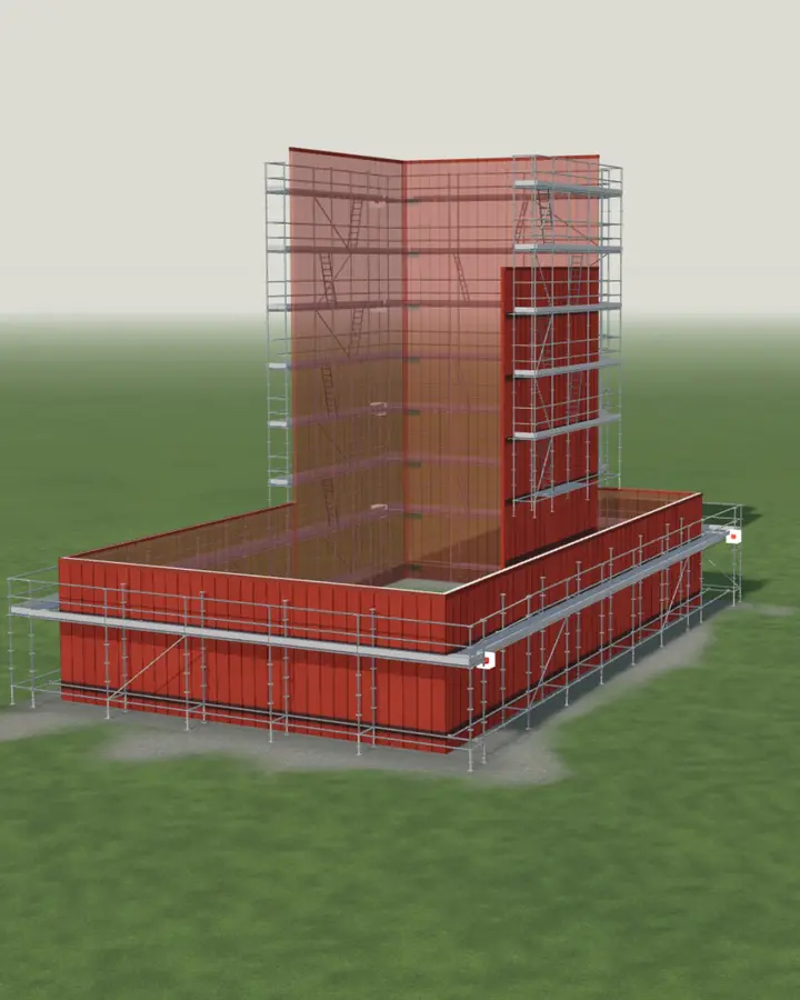 Steiger op het dak van een lager gebouw, langs het hoge deel, in de 3D-weergave van ScaFix Pro