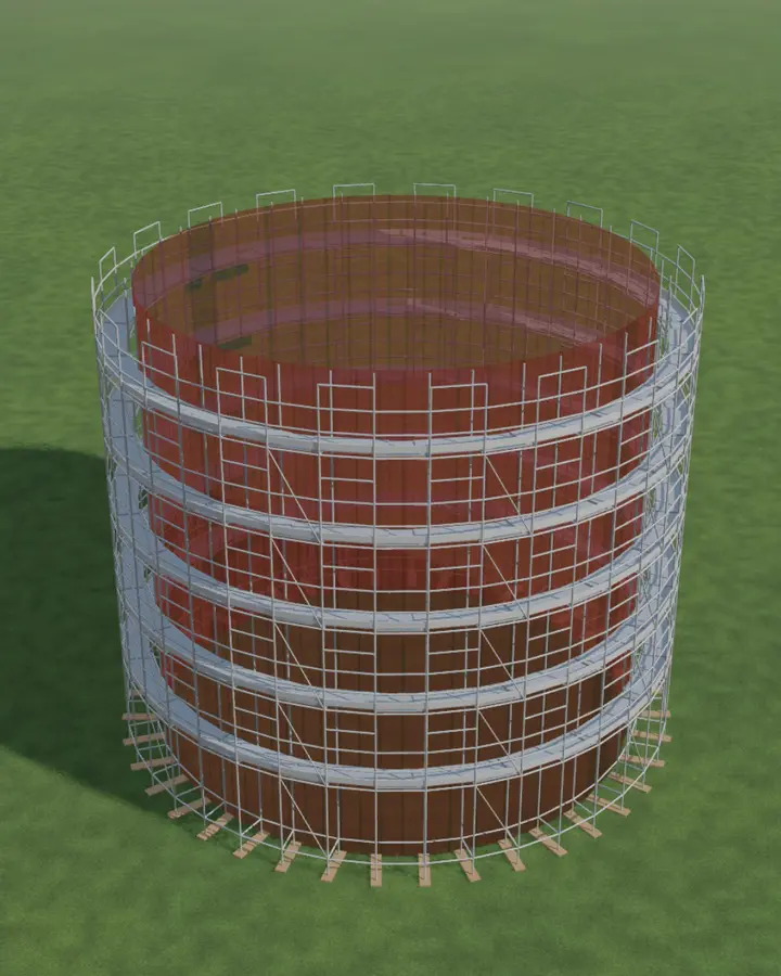 Silo met ringsteiger rond de hele omtrek, in de 3D-weergave van ScaFix Pro