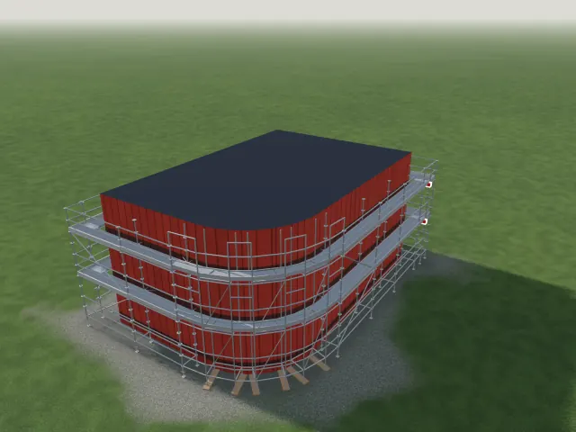 Gebouw met afgeronde hoeken en een steiger die de boog volgt