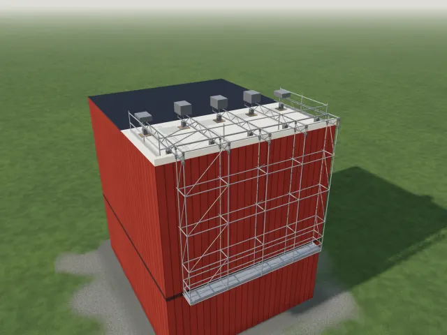 Hangsteiger bevestigd aan de dakrand van een hoog gebouw