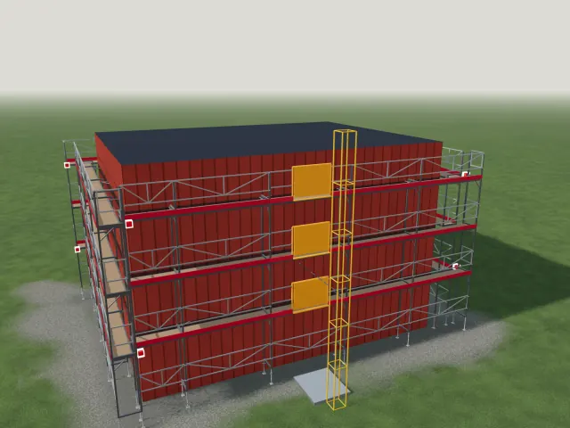 Huis met steiger en een bouwlift aan de lange zijde