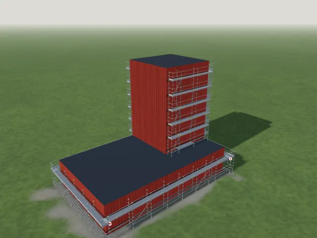 Laag gebouw met een toren, steiger op het dak en rond de toren