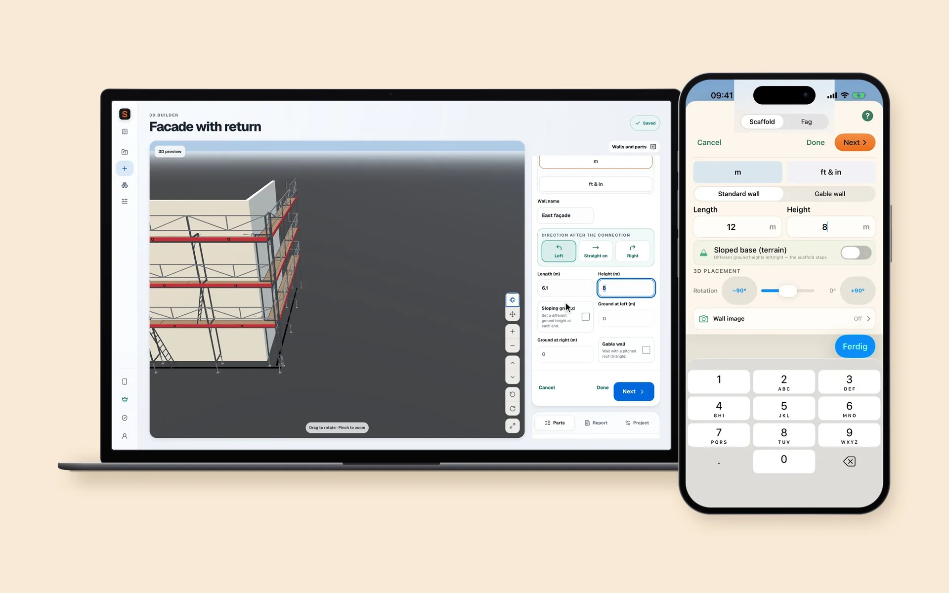 Een opname van ScaFix in de browser en in de iPhone-app, project “Facade with return”: de wanden worden ingemeten, het systeem wordt gekozen, de steiger bouwt zich op in 3D en de onderdelenlijst staat klaar.