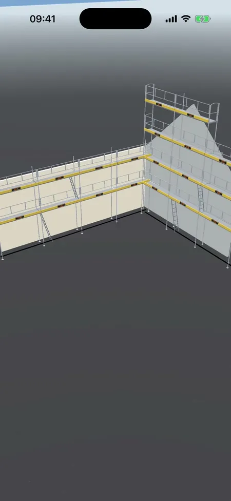 The scaffold on two walls with a corner, in 3D in the iPhone app