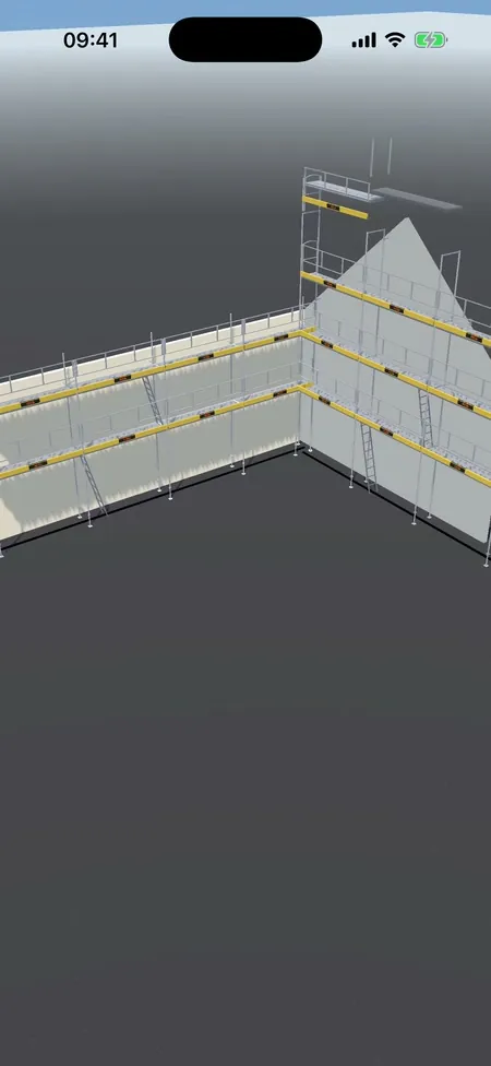 Een opname van ScaFix in de browser en in de iPhone-app, project “Facade with return”: de wanden worden ingemeten, het systeem wordt gekozen, de steiger bouwt zich op in 3D en de onderdelenlijst staat klaar.
