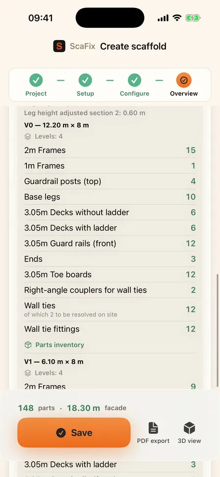 The parts list in the iPhone app, counted per wall