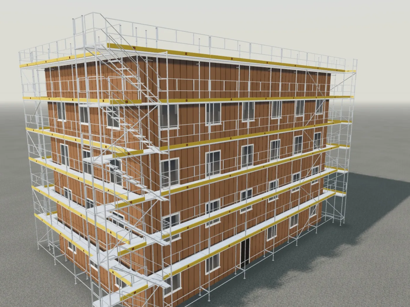 Hoog gebouw met steiger en trappentoren