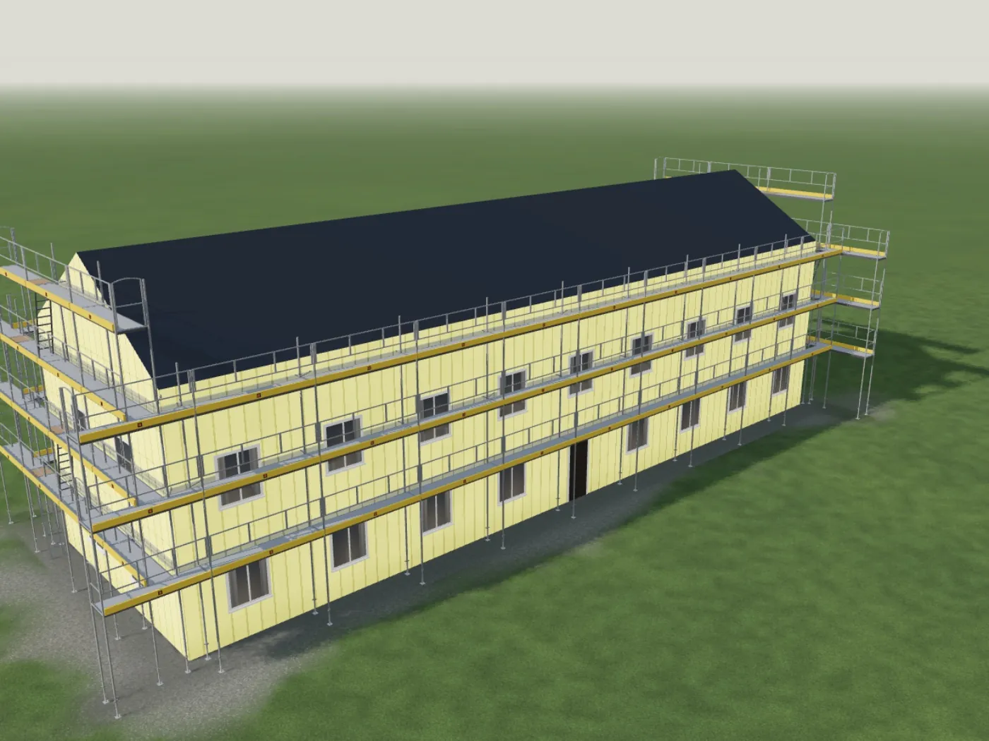 Lang geel gebouw met steiger langs de gevel