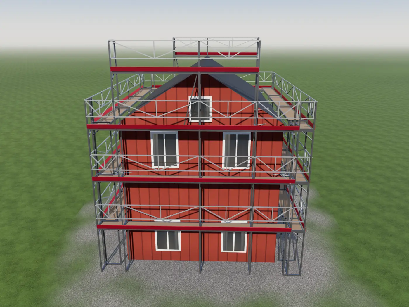 Huis met steiger voor een bekledingsklus