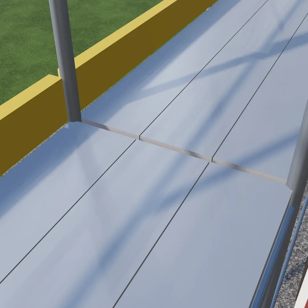 Close-up uit het 3D-model: een aluminium vloerdeel ligt op de dwarsligger.