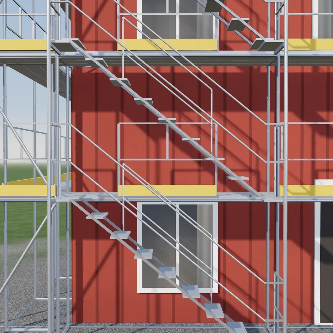 De trappentoren van het voorbeeldhuis, trappen en bordessen van onderaf gezien.