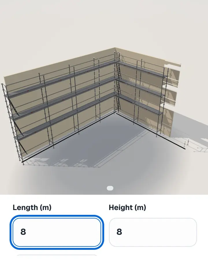 The wall name and length typed into ScaFix, and the scaffold building itself in 3D