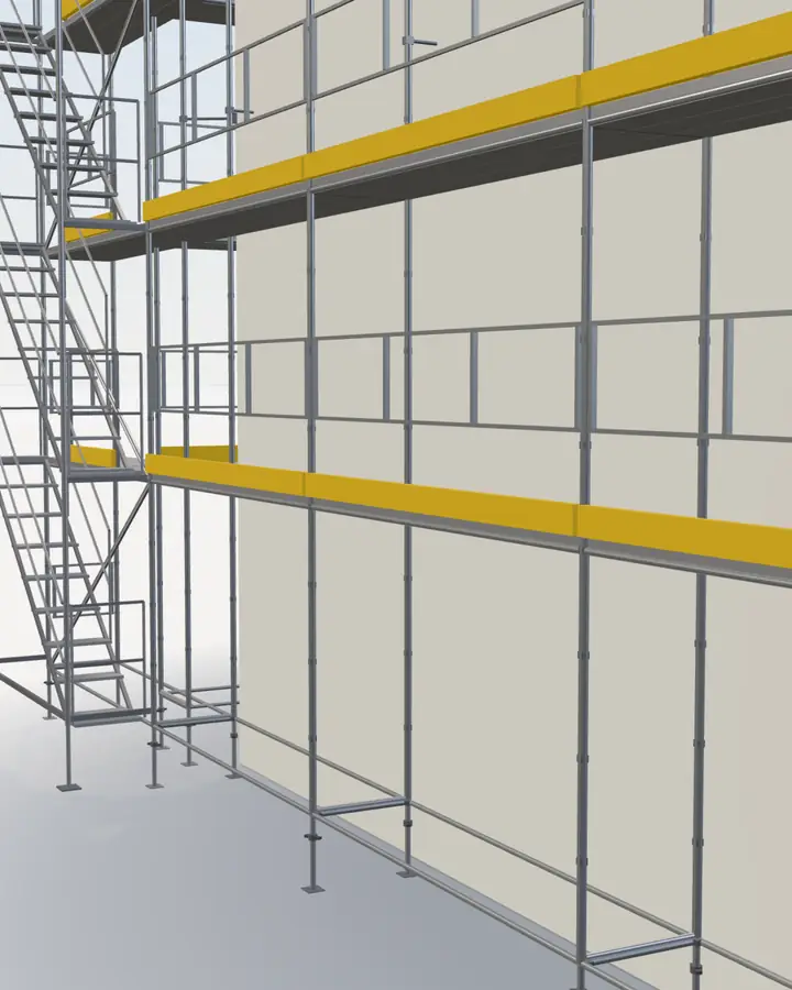 Close-ups of a tall facade in ScaFix: standards, a node with its ledgers, the planks on the deck, a base jack, a toeboard and stairs