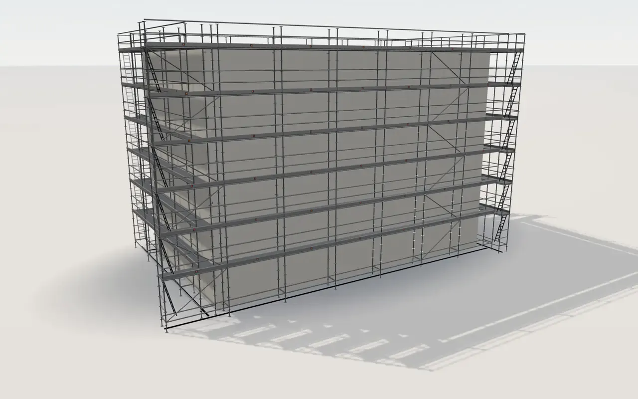 Layher Allround scaffolding around a flat-roof block, 18.3 × 10.2 m and 12.5 m high, in the ScaFix 3D model
