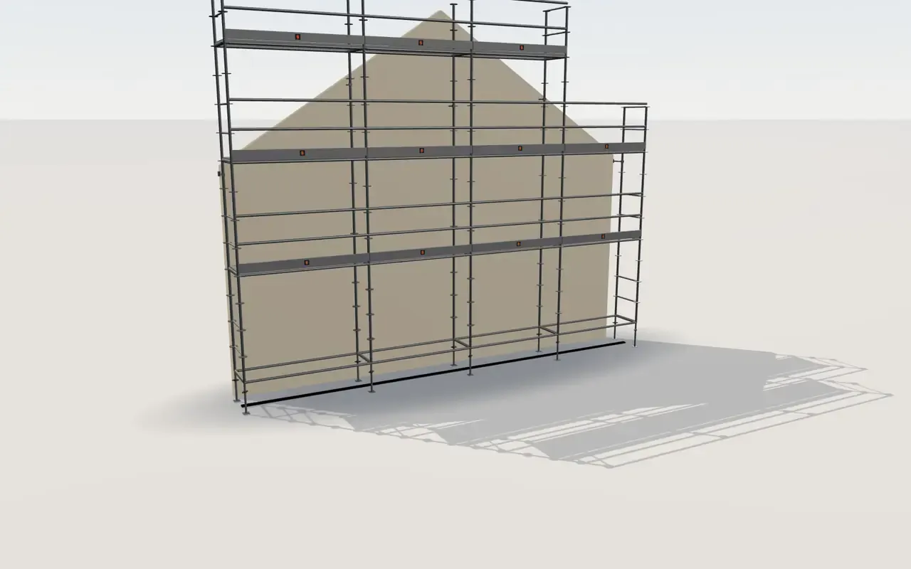 PERI UP scaffolding on a single 9.15 m gable wall with a 7.5 m peak, in the ScaFix 3D model