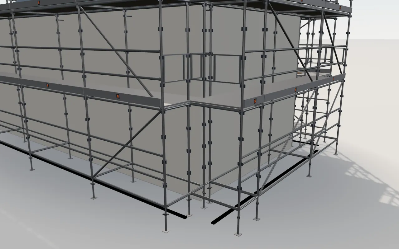 Close-up of the corner where the long wall and the gable wall meet, with Acrow QUICKSTAGE standards, decks, guardrails and toe boards in the ScaFix 3D model
