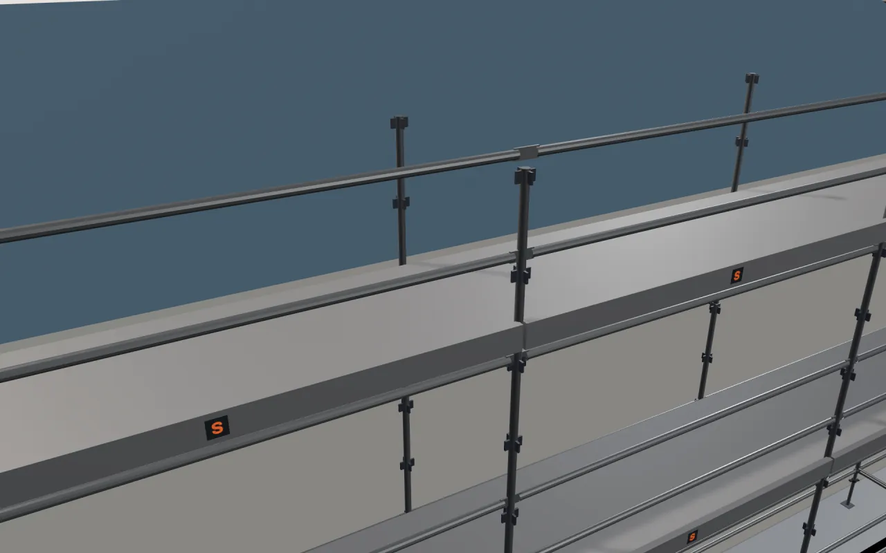 Close-up of the top Acrow QUICKSTAGE lift below the eaves, with guardrails and toe boards, in the ScaFix 3D model