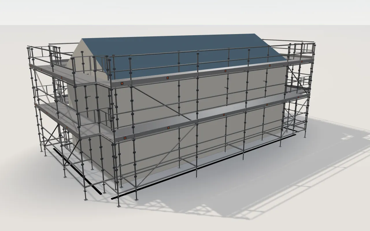 Acrow QUICKSTAGE scaffolding around a house of 11.4 × 5.3 m with a gabled roof (eaves 4.5 m, ridge 6 m), drawn by the ScaFix 3D model