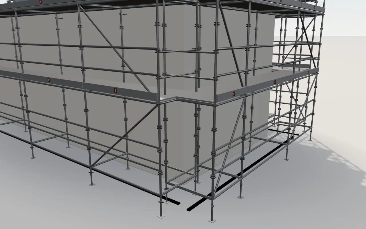 Close-up of the corner where the long wall and the gable wall meet, with Acrow SUPERCUPLOK standards, decks, guardrails and toe boards in the ScaFix 3D model