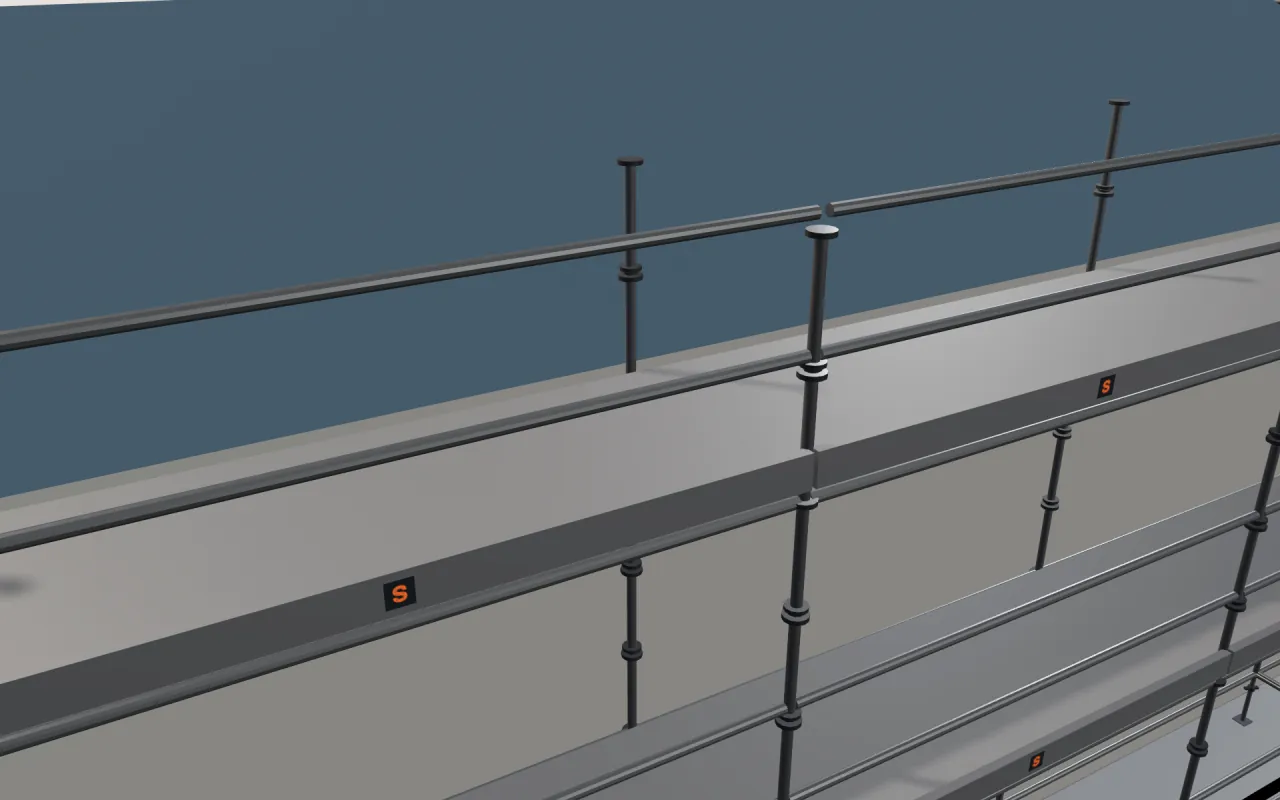 Close-up of the top Acrow SUPERCUPLOK lift below the eaves, with guardrails and toe boards, in the ScaFix 3D model