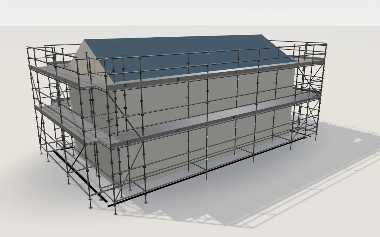 Acrow SUPERCUPLOK scaffolding around a house of 11.4 × 5.3 m with a gabled roof (eaves 4.5 m, ridge 6 m), drawn by the ScaFix 3D model