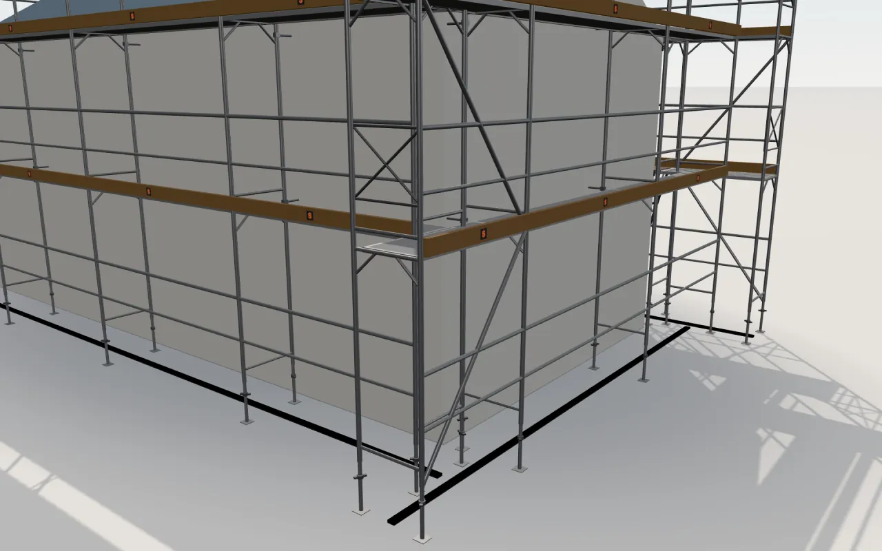 Close-up of the corner where the long wall and the gable wall meet, with ALBERT BLITZFIX 70 standards, decks, guardrails and toe boards in the ScaFix 3D model