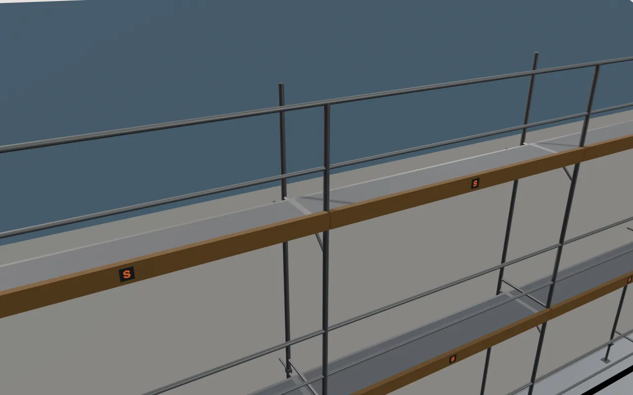 Close-up of the top ALBERT BLITZFIX 70 lift below the eaves, with guardrails and toe boards, in the ScaFix 3D model