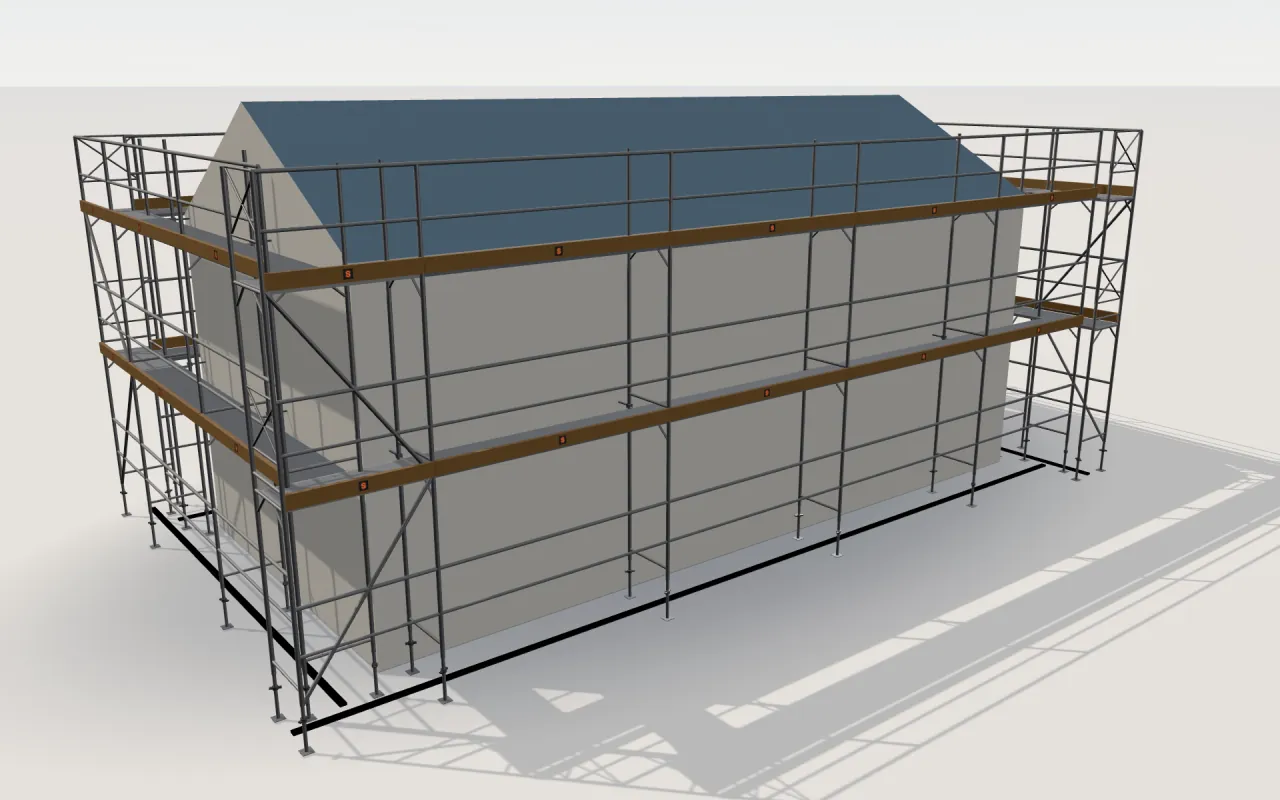 ALBERT UNITAC 70 scaffolding around a house of 11.4 × 5.3 m with a gabled roof (eaves 4.5 m, ridge 6 m), drawn by the ScaFix 3D model