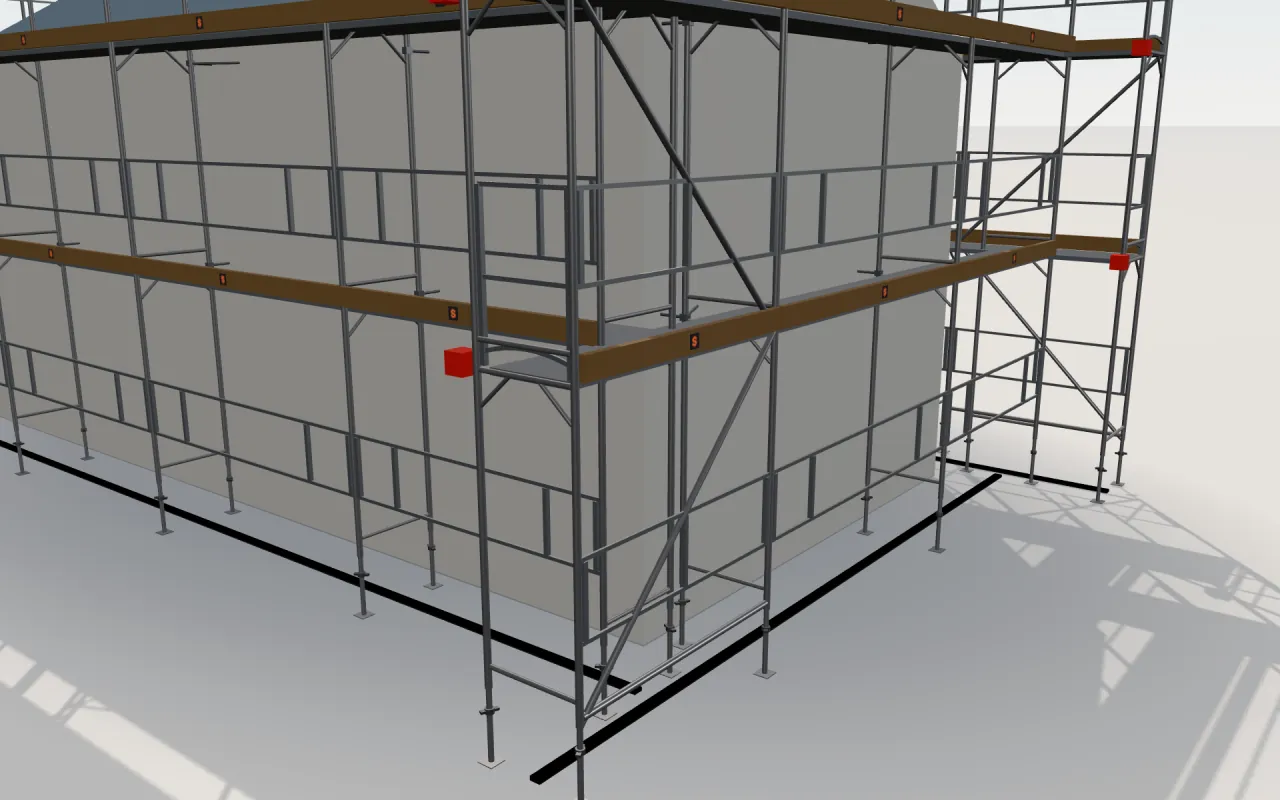 Close-up of the corner where the long wall and the gable wall meet, with ALFIX 70 standards, decks, guardrails and toe boards in the ScaFix 3D model