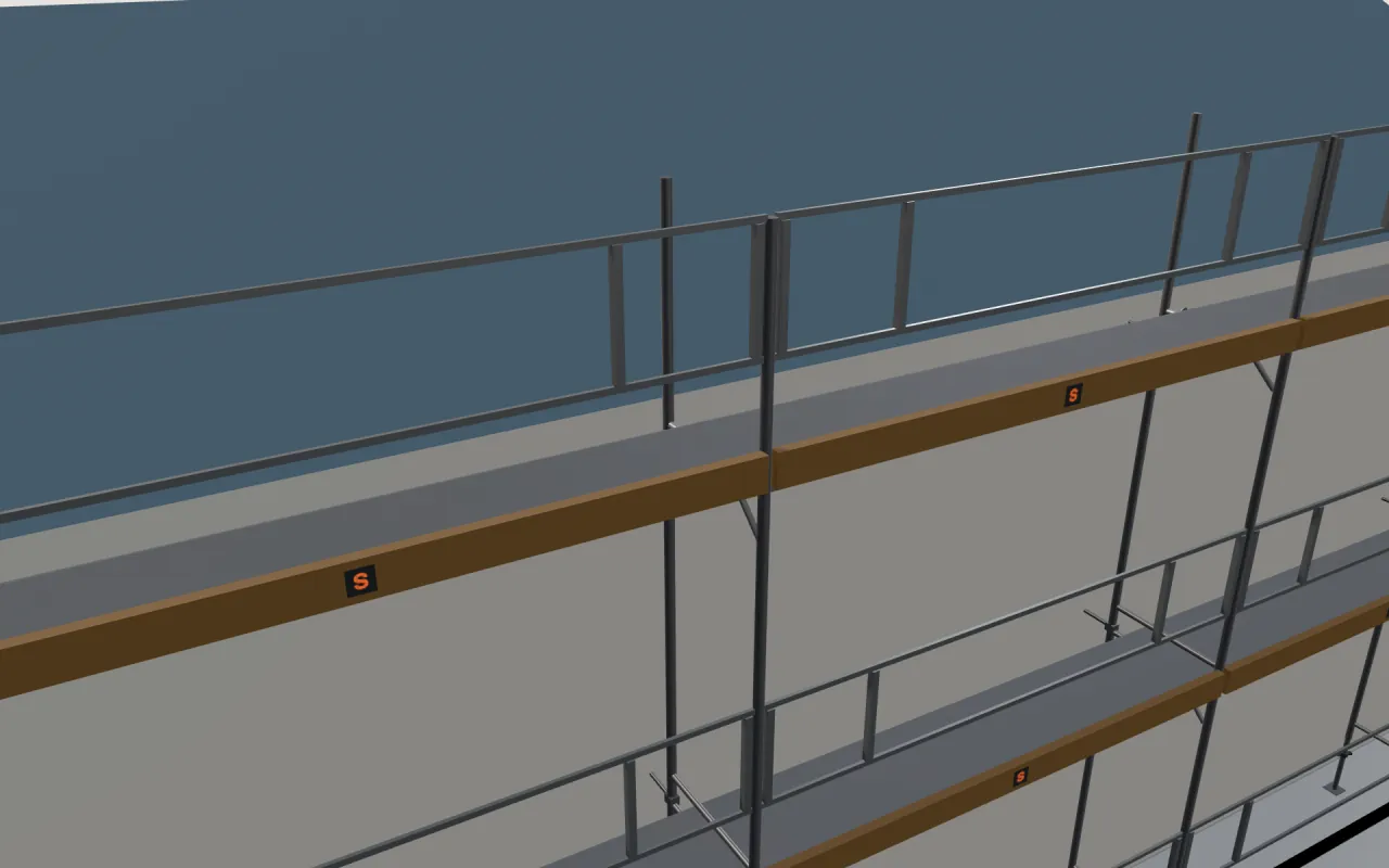 Close-up of the top ALFIX 70 lift below the eaves, with guardrails and toe boards, in the ScaFix 3D model