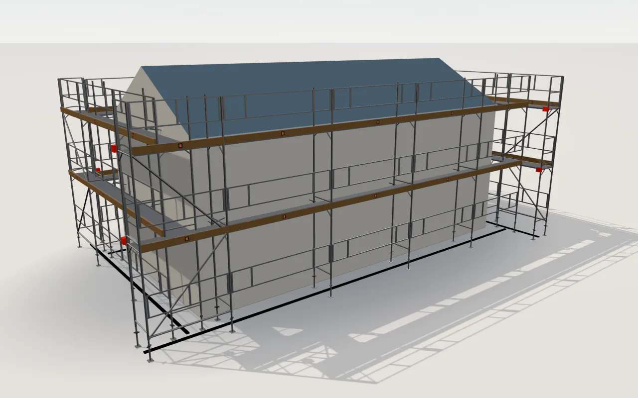 ALFIX 70 scaffolding around a house of 11.4 × 5.3 m with a gabled roof (eaves 4.5 m, ridge 6 m), drawn by the ScaFix 3D model