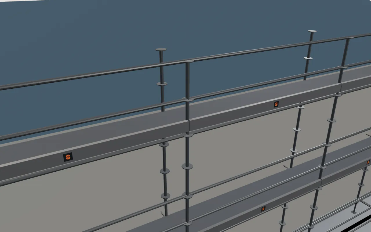 Close-up of the top ALFIX Modul lift below the eaves, with guardrails and toe boards, in the ScaFix 3D model