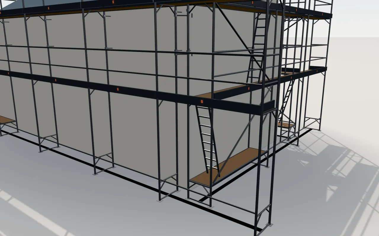 Close-up of the corner where the long wall and the gable wall meet, with ALTEC AluSprint standards, decks, guardrails and toe boards in the ScaFix 3D model