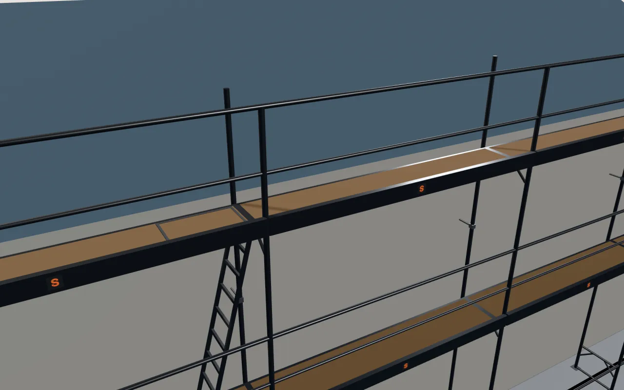 Close-up of the top ALTEC AluSprint lift below the eaves, with guardrails and toe boards, in the ScaFix 3D model