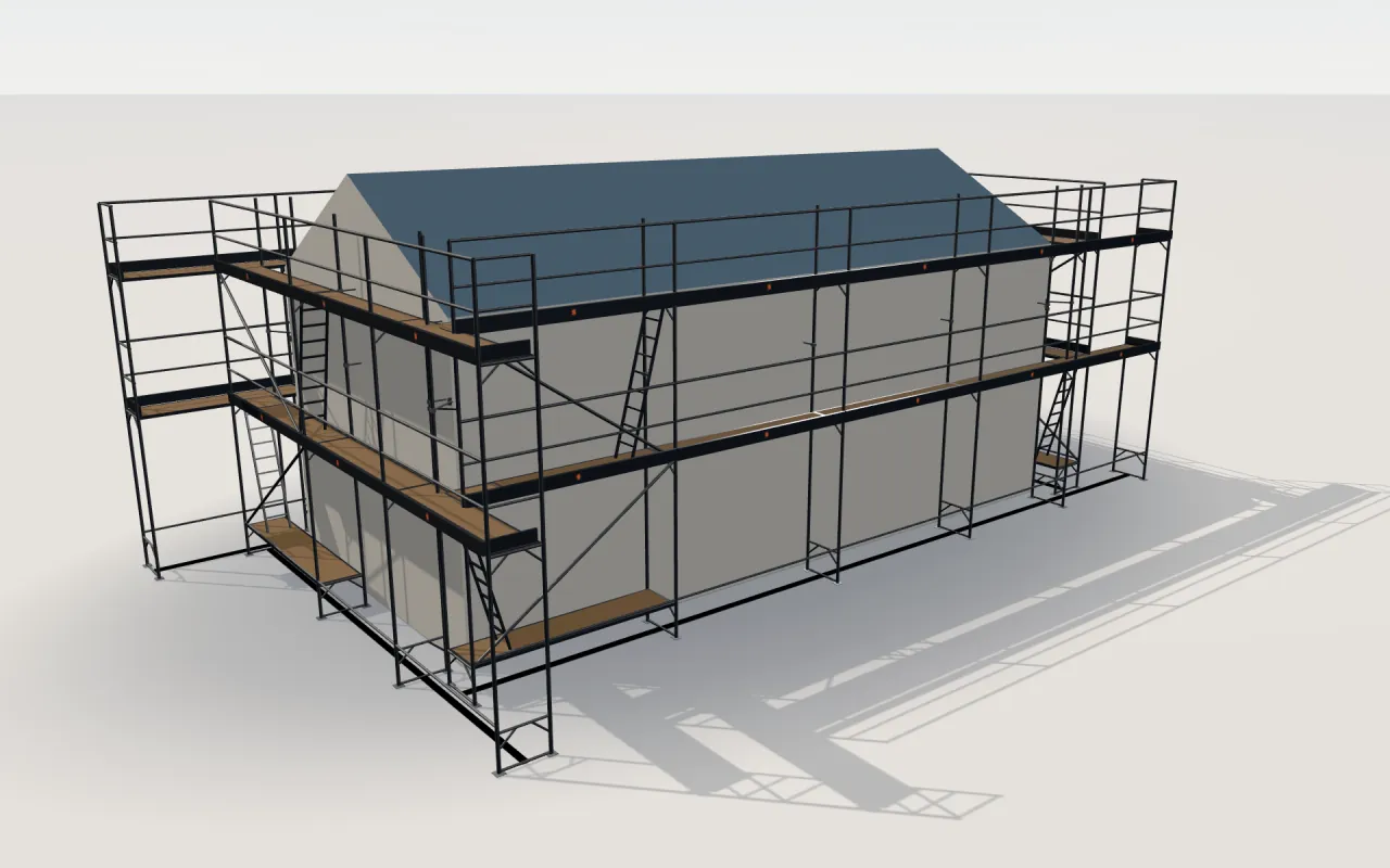 ALTEC AluSprint scaffolding around a house of 11.4 × 5.3 m with a gabled roof (eaves 4.5 m, ridge 6 m), drawn by the ScaFix 3D model