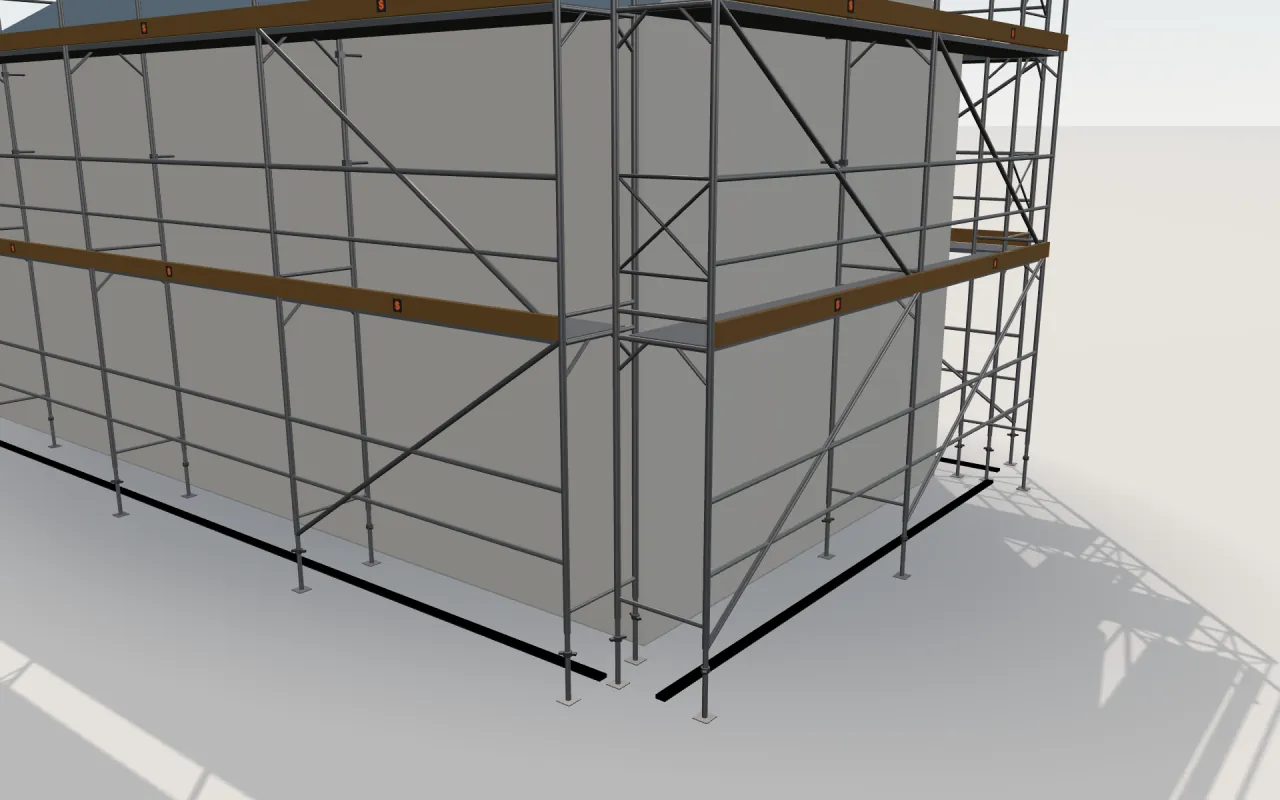 Close-up of the corner where the long wall and the gable wall meet, with ALTRAD MAG 42 standards, decks, guardrails and toe boards in the ScaFix 3D model