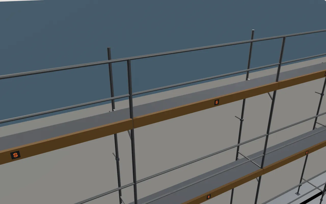 Close-up of the top ALTRAD MAG 42 lift below the eaves, with guardrails and toe boards, in the ScaFix 3D model